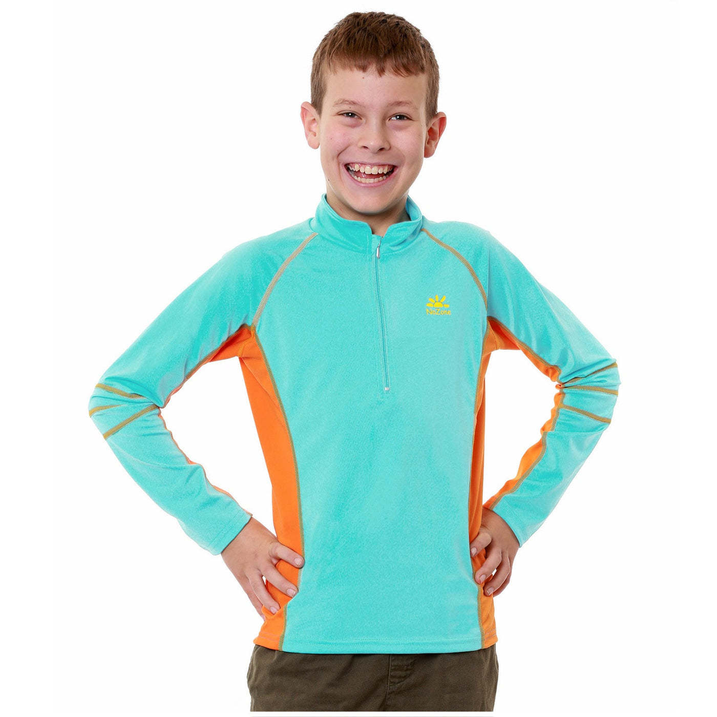 nozone boys blue orange nautilus swim shirt #color_Aquatic/Papaya
