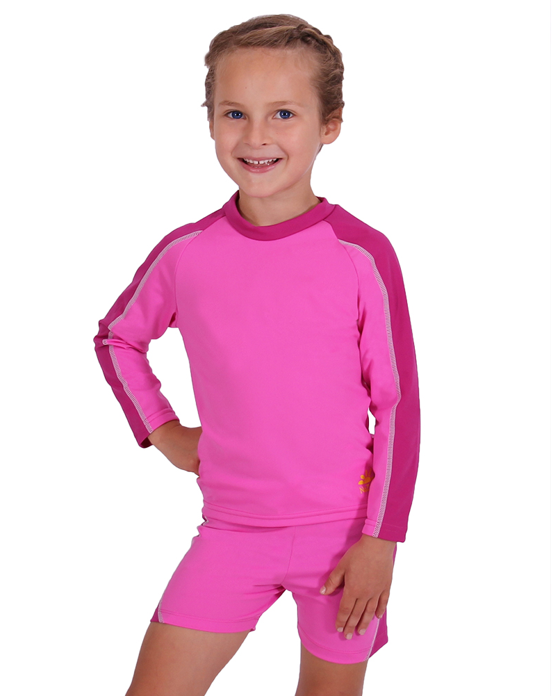 Nozone girls UPF 50+ children's two piece swimsuit in pink fuscia lightweight #color_Bahama/Fuchsia