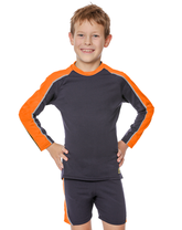 Nozone 2 pc boys sun protective swimsuit in gray and orange black lightweight #color_Charcoal/Salsa